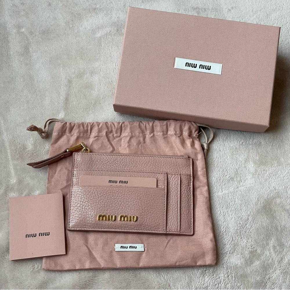 Miu Miu Light Pink Madras Leather Zip Card Holder